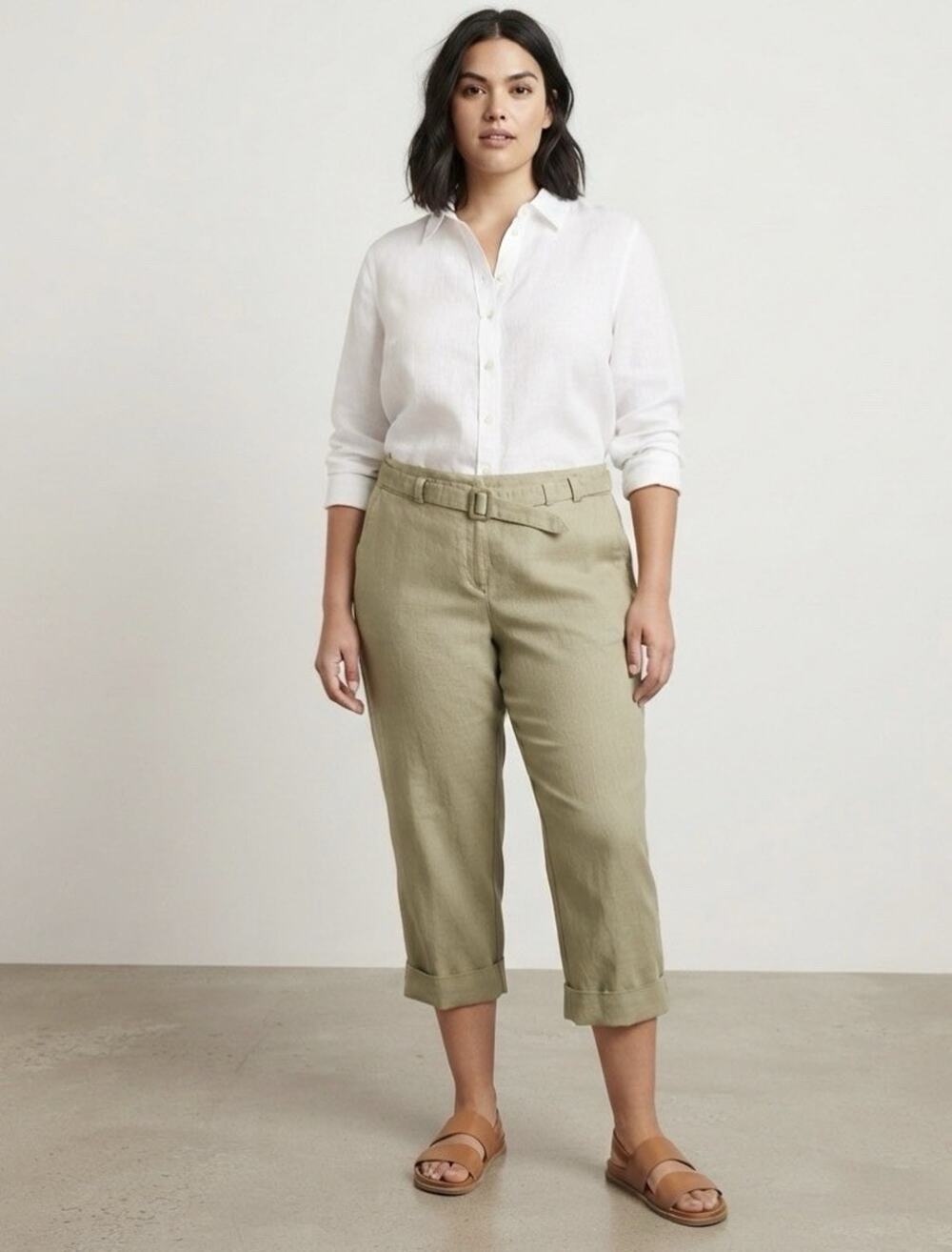 Rafaella 22W Olive Linen Cropped Capri Pants Belted Pockets Travel Grandmacore